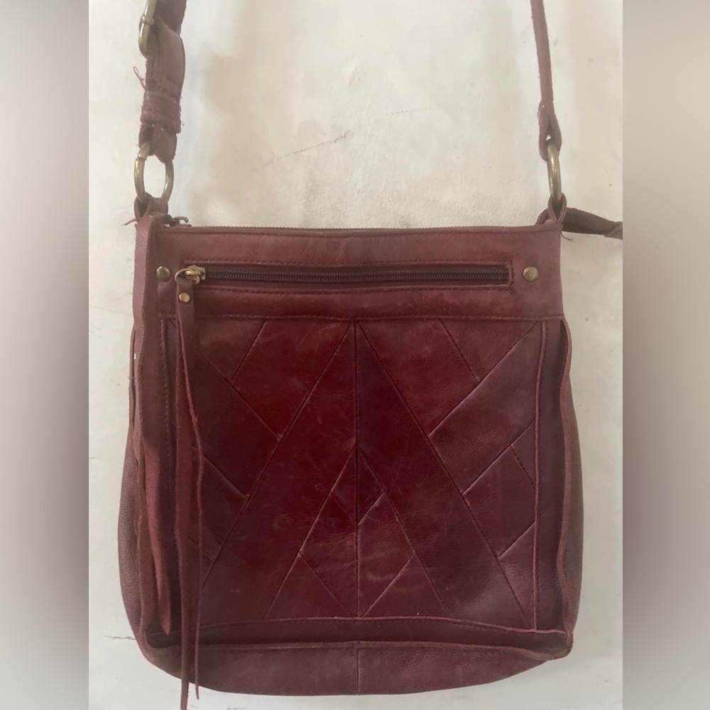 Lucky Brand Burgundy Vintage Leather Baldwin Patchwork Crossbody Boho Purse Bag